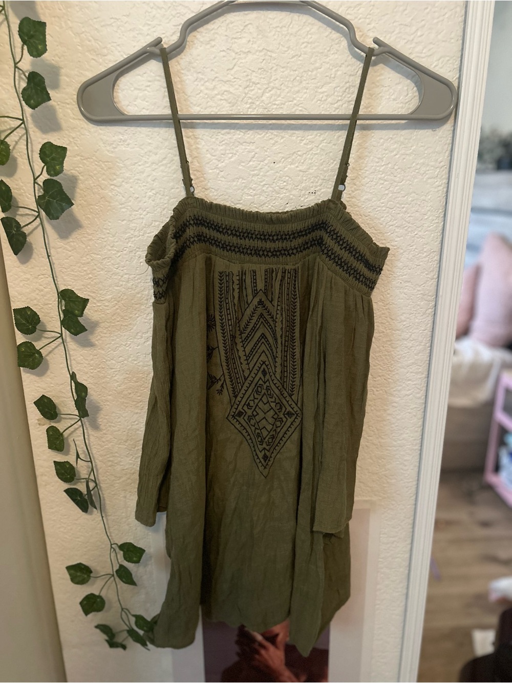 Olive Green Embroidered Spaghetti Strap (open shoulder with sleeves)